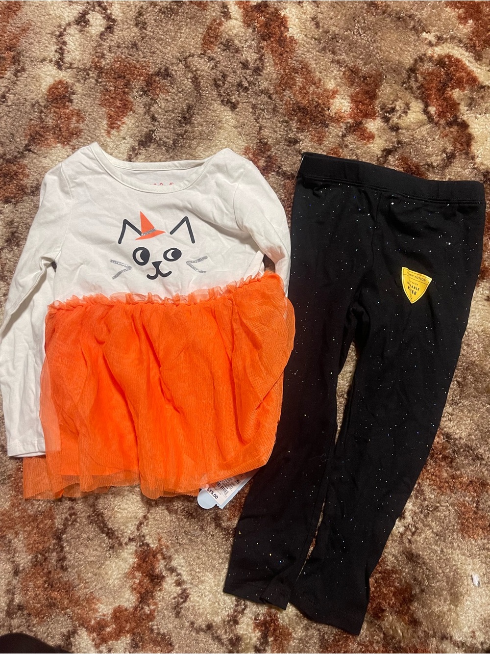 Cat & Jack White and Orange Cat Tulle Dress with Black Sparkle Leggings